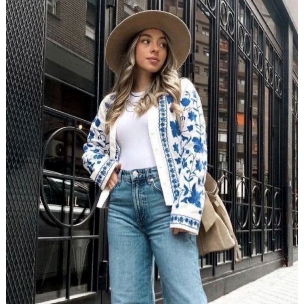 ZARA Linen EMBROIDERIED OVERSHIRT JACKET Size M Western Blue Top Blouse